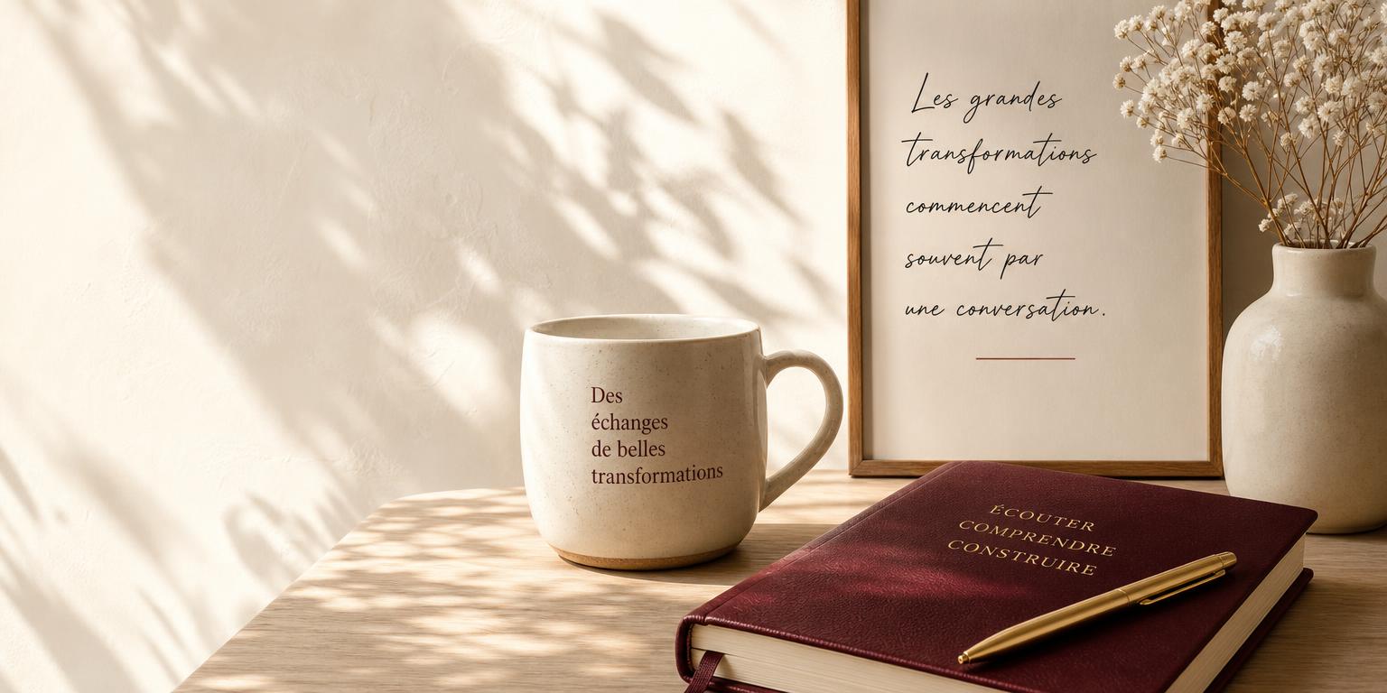 Tasse en céramique, carnet bordeaux et fleurs séchées dans un intérieur lumineux